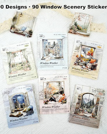 AuriicLeaf Weather Window PET Stickers, 90PCS Large Window Scenery Designs - Cozy Seasonal Views for Scrapbook Journals Planners DIY Decor