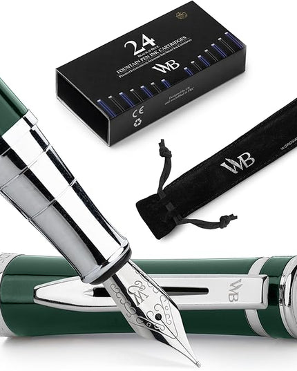 Wordsworth & Black Fountain Pen Set, Medium Nib, Includes 24 Pack Ink Cartridges, Ink Refill Converter & Gift Pouch, Chrome Finish, Calligraphy, [Racing Green], Perfect for Men & Women