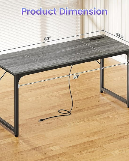 PRAISUN 63 X 24 Inch Office Computer Desk with Power Outlets and USB-C Port, Larger and Longer Gaming Desk, for Home Office, Study, Writing Work from Home Table, Metal Frame, Grey