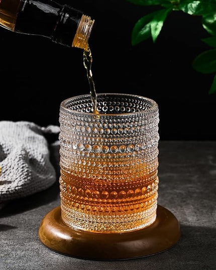 Vintage Glassware Drinking Glasses Set of 12,Clear 12oz & 15oz Hobnail Glass Cups,Embossed Water Tumbler,for Beer,Cocktail,Whiskey,Juice and Various Mixed Drinks- 1 Cleaning Brush