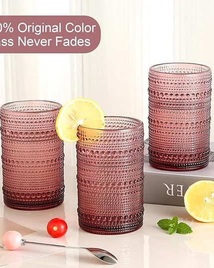 Vintage Glassware Drinking Glasses Set of 6,15 oz Hobnail Glass Cups,Embossed Purple Water Tumbler,for Beer,Cocktail,Whiskey,Juice and Various Mixed Drinks- 1 Cleaning Brush