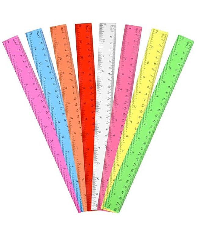 Unjoo Clear Plastic Ruler 12 Inch Straight Rulers, Bulk Assorted Colors, Shatterproof Ruler with Inches and Centimeters for School Classroom, Home, or Office (8 Pack)