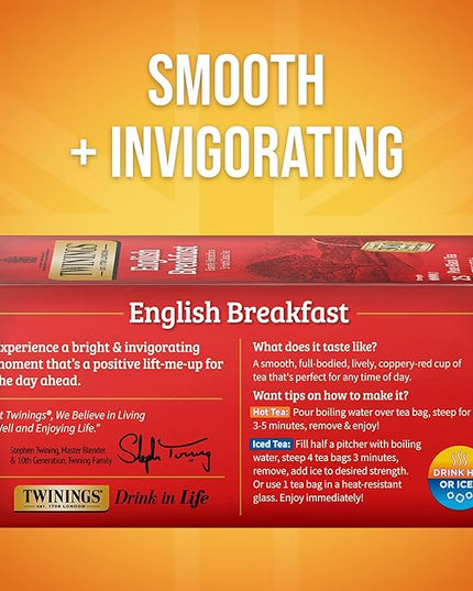 Twinings English Breakfast Black Tea Individually Wrapped Bags, 25 Count (Pack of 6), Flavourful, Robust Black Tea, Caffeinated, Enjoy Hot or Iced, 150 Teabags