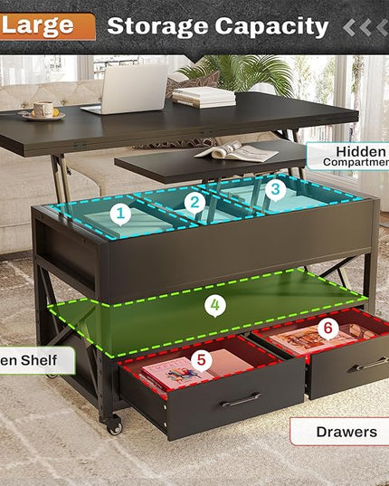 Itaar 40" Lift Top Coffee Table, 4 in 1 Coffee Tables with Storage for Living Room, Small Farmhouse Coffee Table with 2 Drawers & LED Light for Dining Reception Room, Black