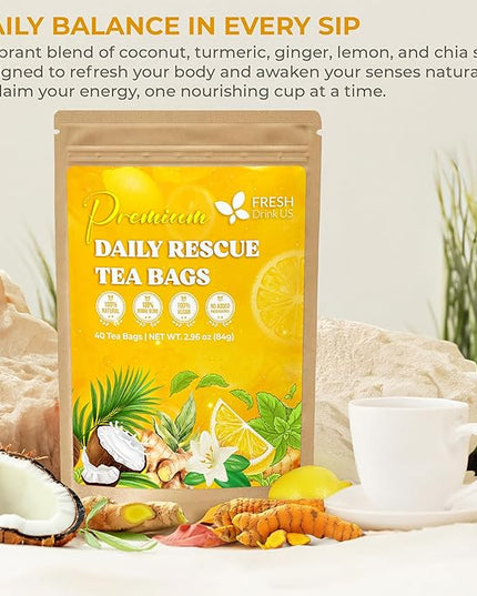 FreshDrinkUS, Premium 40 Tea Bags Daily Rescue Lemon Ginger Tea - 9 Superherbs – 100% Natural Ingredients, Tea Mix for Wellness Boost - Shelf-Stable, Caffeine-Free, Sugar-Free, Vegan