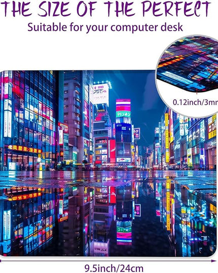 Tokyo Streets Under Neon Lights Mouse Pad Square MousePads Non-Slip Rubber Base Mouse Mat Desk Pad with Stitched Edge for Desk Computers Laptop Office, 9.5x8 Inches