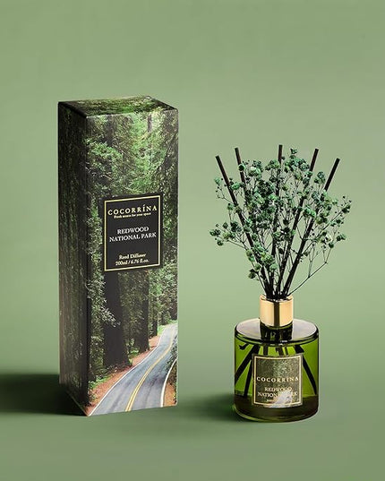 COCORRÍNA Reed Diffuser - Redwood National Park 6.7 Fl.oz Reed Diffuser Set with 8 Sticks & Preserved Baby's Breath, Reed Diffuser for Home Bathroom Shelf Decor