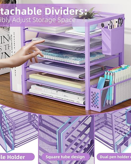 Simple Trending 6 Tier Desk File Organizer, Paper Letter Tray Organizer with File Holder and Pen Container, Purple