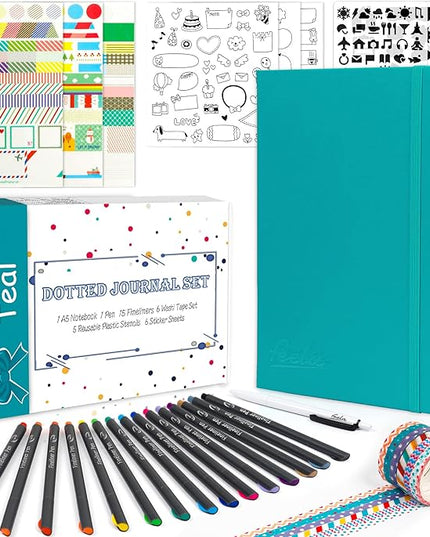 feela Dotted Journal Kit, Dot Grid Journal Hardcover Planner Notebook Set For Beginners Women Girls Note Taking with Journaling Supplies Stencils Stickers Pens Accessories, A5, 224 Pages, Teal