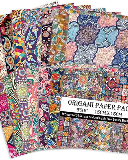 Origami Paper Kit 50 Sheets 70GSM 6 Inch Square Double Sided Color 50 Vivid Japanese Washi Chiyo Colors for Hand Crafts Origami Paper Arts Creativity.Ethnic Style