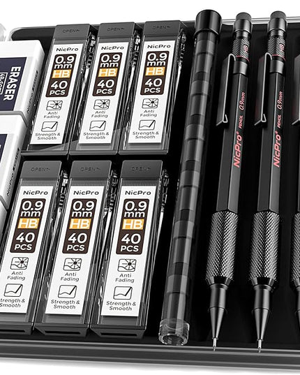 Nicpro 0.9 Metal Mechanical Pencil Set with Case, 3PCS Hevey Duty MP2000 Lead Pencil With 6 Tube HB Lead Refills 0.9mm, Erasers, Weatherproof Barrel for Outdoor Writing Drafting Drawing Sketching