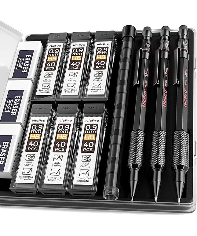 Nicpro 0.9 Metal Mechanical Pencil Set with Case, 3PCS Hevey Duty MP2000 Lead Pencil With 6 Tube HB Lead Refills 0.9mm, Erasers, Weatherproof Barrel for Outdoor Writing Drafting Drawing Sketching
