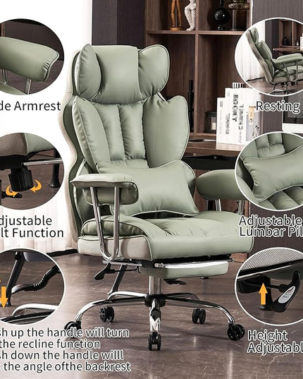 Efomao Big and Tall Office Chair 400lbs - Executive Office Chairs with Footrest, Heavy-Duty PU Leather Computer Chair for Heavy People, Light Green Home Office Desk Chairs