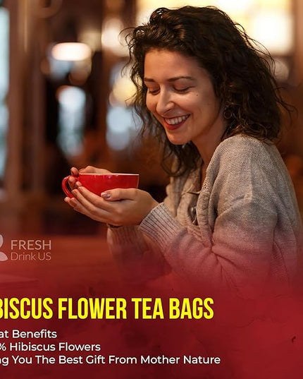 FreshDrinkUS, Premium 140 Hibiscus Flowers Tea Bags, 100% Natural, Handmade & Pure from Hibiscus Flowers. No Sugar/Caffeine/Gluten, Vegan. Tart & Refreshing, Hot or Ice Tea, Great For All Seasons