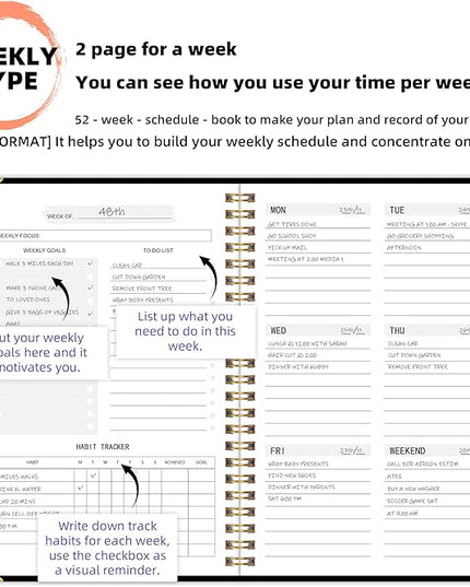 Undated Weekly Planner with Metal Corner Hardcover Notebook , A5 Size Journal with To Do List Planner, Habit Tracker,Weekly Goals for ADHD,Student, Office, Women, Men ,Gifts,6 x 8 inches，Spiral Bindding ,Black