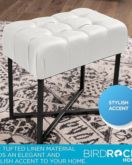 BIRDROCK HOME Rectangular Tufted Foot Stool Ottoman with Soft Padded Cushion - Versatile Vanity Chair for Bedroom, Living Room, Bathroom - Compact Seating for Adults - Cream with Black Metal Legs