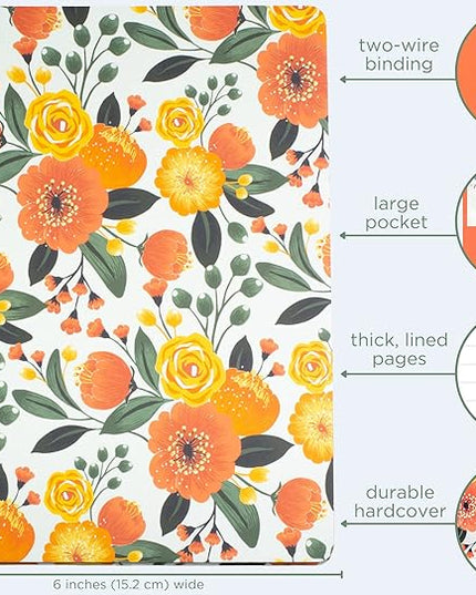 Steel Mill & Co Cute Mini Spiral Notebook, 8.25" x 6.25" Journal with Durable Hardcover and 160 Lined Pages, Orange Floral