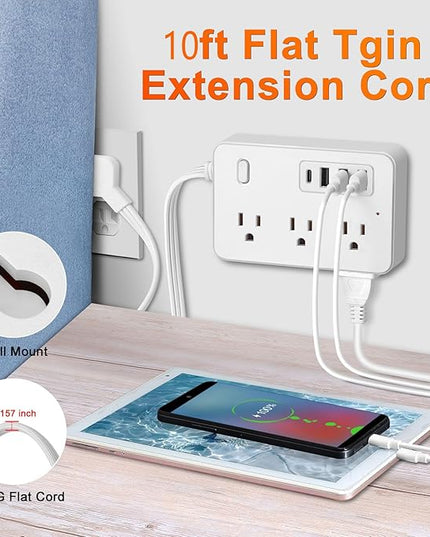 10Ft Surge Protector Flat Extension Cord Flat Plug Power Strip, 6AC Outlets, 4 USB Charger(1 USB C Port), 1700 Joules Protection, Office Supplies, Dorm Room Essentials