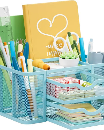 Marbrasse Mesh Desk Organizer, Pen Organizer with 2 Drawer, Multi-Functional Pencil Holder, Desk Organizers and Accessories with 5 Compartments + Drawer for Office Art Supplies (Blue)