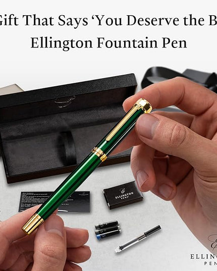 Ellington Pens Luxury Fountain Pen Set - Smooth Medium Nib - Includes 3 Ink Cartridges, Refillable Ink Converter, Box - Fountain Pens For Writing, Calligraphy, Journaling, Sketching (Emerald Enigma)