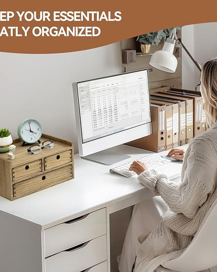 KIRIGEN Desk Organizer with Drawers - Wood Drawer Storage Box with Trays for Tabletop - Workspace Office Toiletries Supplies Tool Caddy - Wooden Storage Cabinet Dark Brown（DT2D3C-DBR）