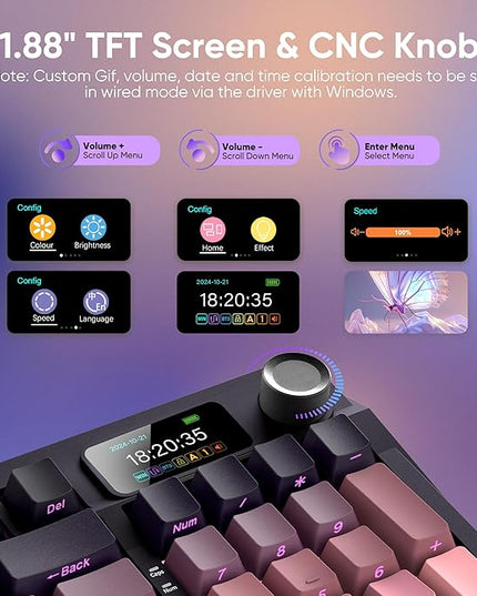 RedThunder K95 Wireless Mechanical Keyboard,TFT Screen & Knob, Trip-Modes Connection, Gasket Custom Hot-Swap Keyboard, RGB Backlit, Pre-lubed Linear Switches, Side Printed PBT Keycaps, Gradient Pink