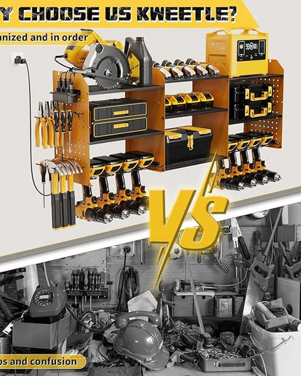 45" Power Tool Organizer Wall Mount with Charging Station - 3 Layer Storage Racks with 8 Cordless Drill Holder, 4 Hooks, Heavy Duty Garage Tool Organizer Storage for Workshop Shed Pegboard Basement