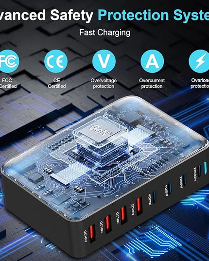 320W USB C Fast Charger Block, 8 Port USB Charging Station, GaN Ⅲ Pro 100W PD PPS Port Fast Charging Station Hub, Laptop Wall Charger Compatible with MacBook, iPhone 17, iPad, Android Devices etc