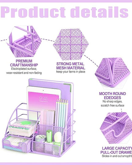 Purple Desk Organizers and Accessories Office Supplies Set Stapler, Pen Holder, Phone Holder, Scissors, Pen, Ruler, 30 Paper Clips, 22 Binder Clip, 20 Tacks and 1000pcs Staples