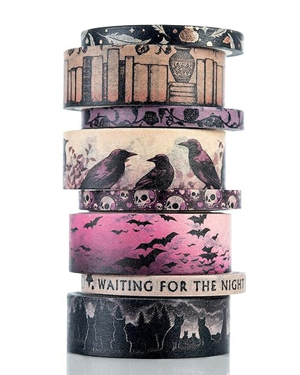 Conquest Journals Waiting for the Night Washi Tape Bundle, 8 Rolls, 4 15mm Rolls and 4 Corresponding 5mm Rolls, Goth Inspired Washi for All Your Planning, Journaling and Scrapbooking Projects