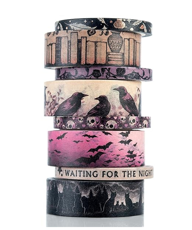 Conquest Journals Waiting for the Night Washi Tape Bundle, 8 Rolls, 4 15mm Rolls and 4 Corresponding 5mm Rolls, Goth Inspired Washi for All Your Planning, Journaling and Scrapbooking Projects