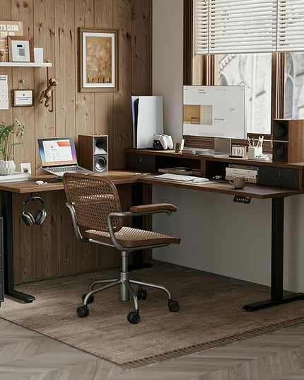 Agilestic 63 x 55 INCH L Shaped Electric Standing Desk with 2 Drawers, Ergonomic Adjustable Height Desk with Storage, Corner Desk Sit Stand up Computer Table for Work Office Home, Dark Wlalnut