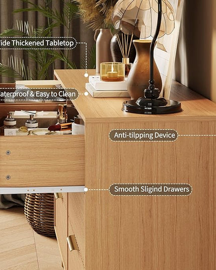 Garvee Fluted Dresser for Bedroom with 6 Drawers,47" Wide Modern Chest of Wooden Bedroom Chest with Metal Handle,Clothes Storage Organizer,Closet Dresser & TV Stand for Living Room,Hallway,6&Natural