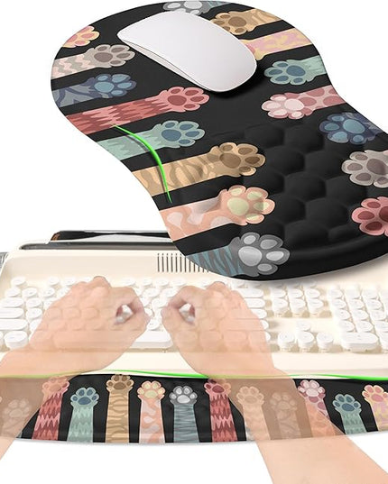 2-in-1 Ergonomic Set, Wave Rise Keyboard Wrist Rest and Massage Bulge Slope Mouse Pad Wrist Support, Cushion Memory Foam Integrated to Relieve Wrist Pain, Multicolour Cat Claws