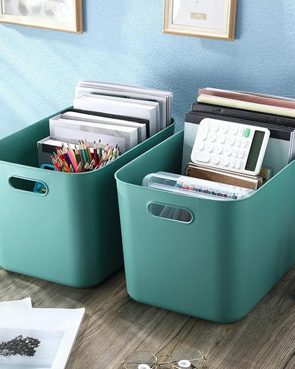 Hoolerry 8 Pieces Colorful Storage Bins with Lid, Plastic Storage Basket Organizing Container Stackable Box with Handle for Shelves Desktop Playroom Office(14.2 x 10.2 x 9.5 Inch,Green)