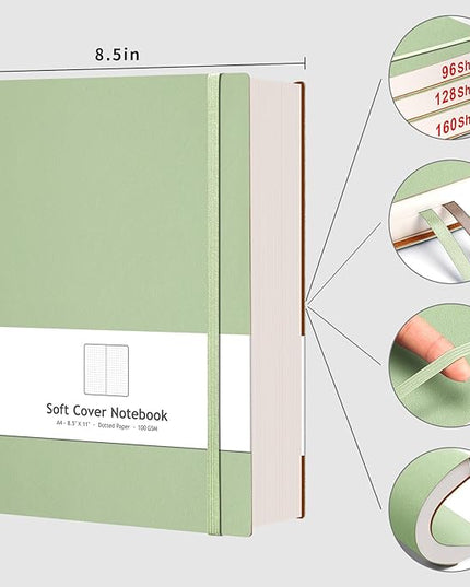 AHGXG Bullet Dotted Journal - Large A4 Notebook Dotted, 8.5''×11'', 320 Pages Dot Grid Notebook, 100gsm Thick Paper, Leather Softcover, with Journal Stencils, Inner Pocket - LightGreen