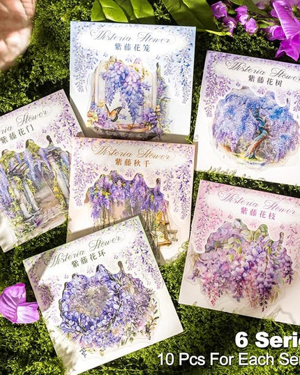 AuriicLeaf Wisteria Floral PET Sticker Set, 60Pcs Purple Flower Stickers for Scrapbooking, Journaling, Junk Journal Supplies, and DIY Crafts
