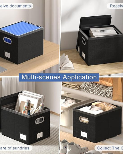 File Organizer Box - File Boxes for Hanging Files with Lid Set of 4 Decorative Hanging Folders Organizer with One-Piece Plastic Frame Slides (Black, 13.2 * 10.1 * 10.1in(4Pack))