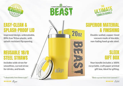 Beast 20 oz Tumbler Stainless Steel Vacuum Insulated Coffee Ice Cup Double Wall Travel Flask (Lemon)