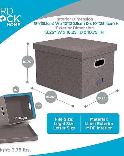 Internet's Best Collapsible File Storage Organizer with Lid - Decorative Linen Filing & Storage Office Box – Hanging Letter/Legal Folder – Home Office Bins Cabinet – Grey Container - 2 Pack