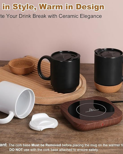 Coffee Mug Warmer & Mug Set for Desk, Electric Coffee Cup Warmer with Ceramic Mug, Smart Heated Coffee Mug with Auto Shut Off for Office/Home, Christmas/Birthday/Coffee Gifts for Men & Women, Wood