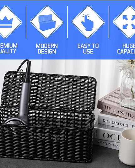 Cable Management Box, Handmade Rattan Cable Organizer, 2 Open Slots Cords Hider Box, Under Desk Cord Organizer for Computer Router USB Hub & Power Strip, Patent Pending, 13" x 5.1" x 5.1", Black