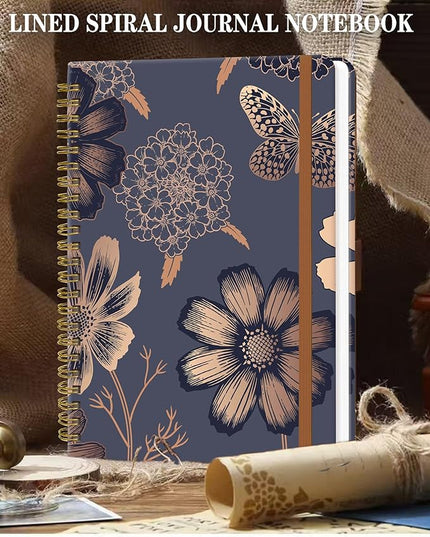 Spiral Journal Notebook for Women, Hardcover A5 College Ruled Notebook, 120 Pages, Thick Paper, Cute Lined Journal for School, Office & Work, 6 x 8.4 in(Vintage Gold Flowers)