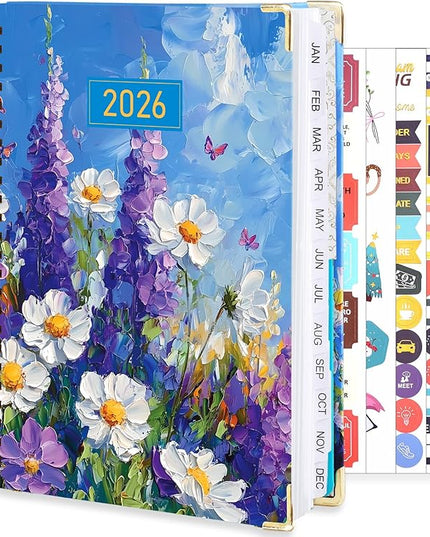 2026 Planner, Weekly and Monthly Planner, January 2026 - December 2026, Calendar Planner A5 (6.5" x 8.5") with Tabs, Inner Pocket for Home School Office Supplies, Purple Flower