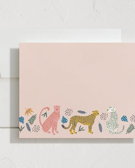 Minted Sweet Tropical Stationery Set, Set of 10, Flat Note Cards & Envelopes for Invitiations and Handwritten Thank You Messages, Jungle Cats & Foliage Design, Gifts for Teachers, Luxurious Paper