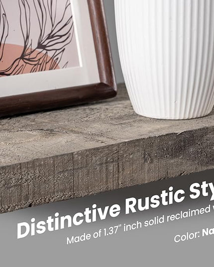 48 Inch Fireplace Mantel Shelf - 8 Inch Deep Rustic Solid Reclaimed Wood Floating Shelf, Wall Mounted Farmhouse Display Shelf with Invisible Heavy Duty Metal Bracket, Set of 2, Cement Grey