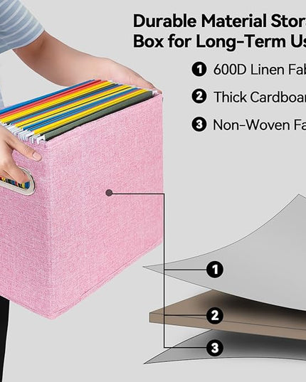 4 Pack Letter Size File Storage Box Collapsible，Fabric Hanging File Folders Organizer, Portable Office Document Holder with Metal Handle, Smooth PVC Rails, Pink