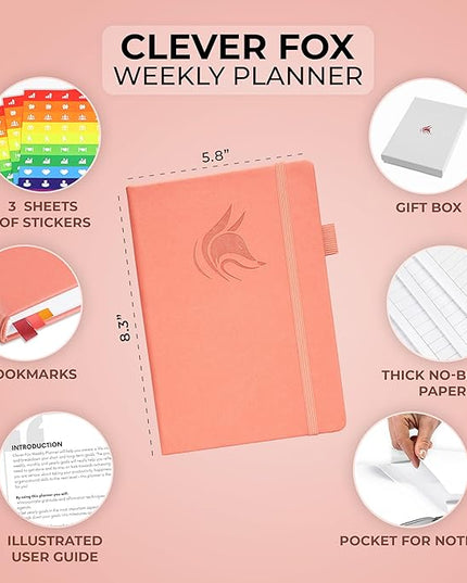 Clever Fox Planner – Undated Weekly & Monthly Planner for Productivity, Time Management & Goals – Organizer Journal – A5 (Peach Pink)