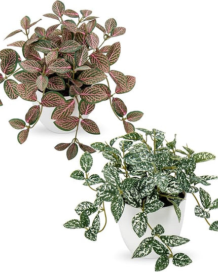 Hollyone Fake Plants 2 Packs Artificial Plants Indoor Faux Plants with White Plastic Pot Small Fake Potted Plant for Home Aesthetic Living Room Bathroom Desk Shelf Office Decor