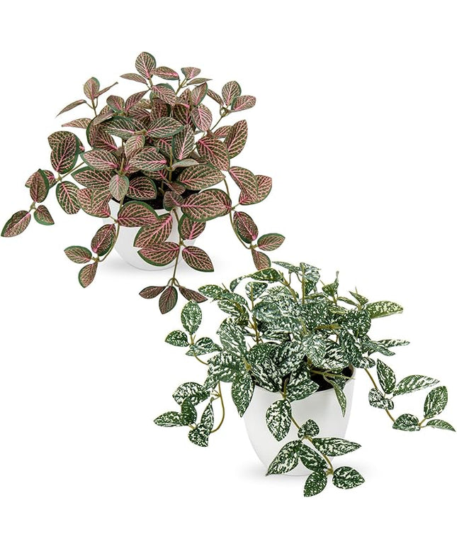 Hollyone Fake Plants 2 Packs Artificial Plants Indoor Faux Plants with White Plastic Pot Small Fake Potted Plant for Home Aesthetic Living Room Bathroom Desk Shelf Office Decor